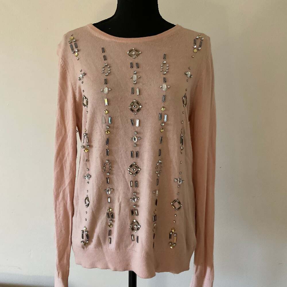 Ann Taylor Pink Gemstone Embellished Crew Neck Sweater